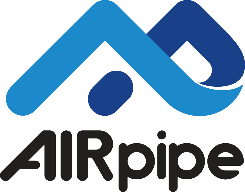 Blue geometric logo above the word "AIRpipe" in black stylized font.