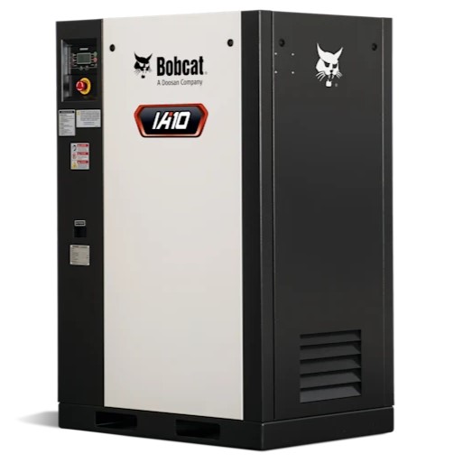 Industrial Bobcat air compressor unit with control panel, brand logo, and model number 1410 visible on the front.