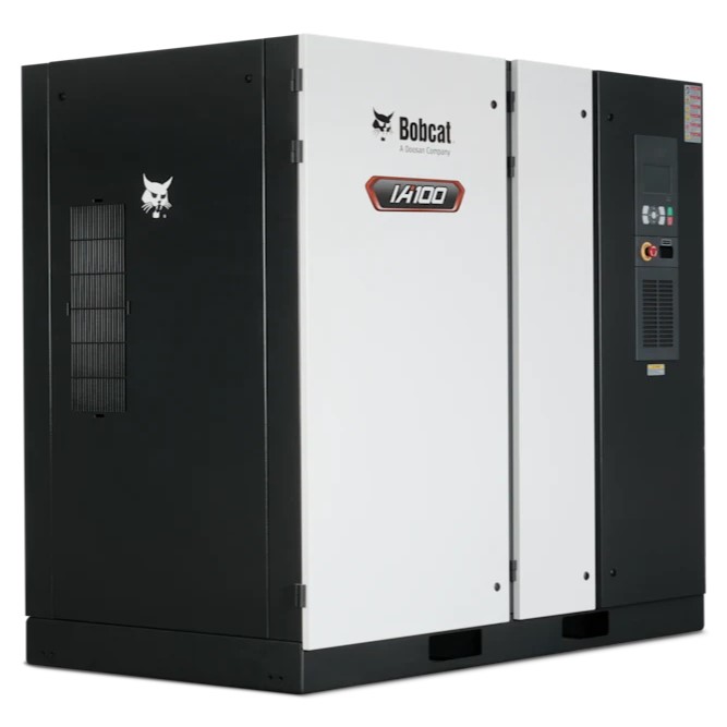 Large industrial Bobcat IA100 air compressor unit with control panel and company logo on the front.