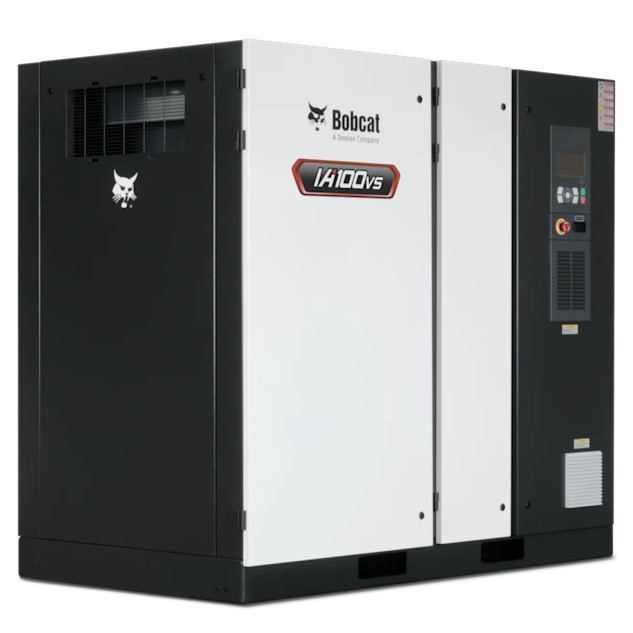 Bobcat IA100VS industrial air compressor with control panel, black and white exterior, viewed from the front angle.
