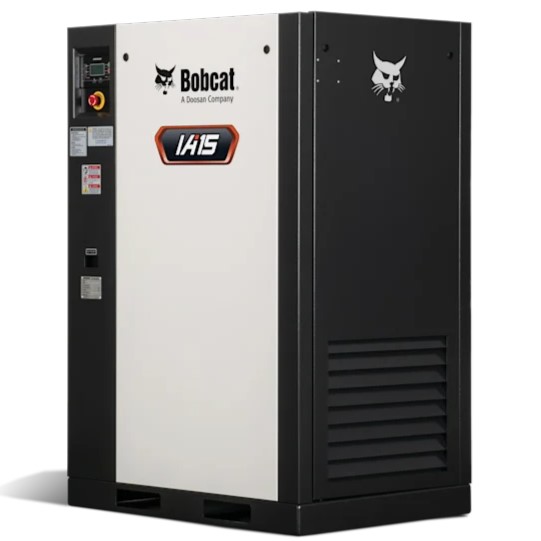 Bobcat IA15 industrial air compressor with control panel and company logo, shown on a plain white background.