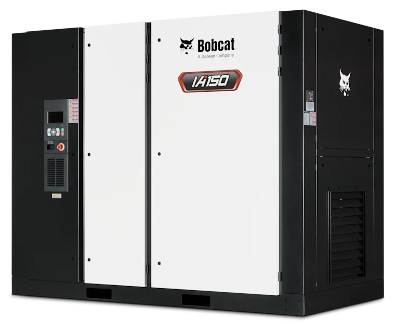 Large industrial air compressor unit labeled "Bobcat IA150" with control panel on the left side.