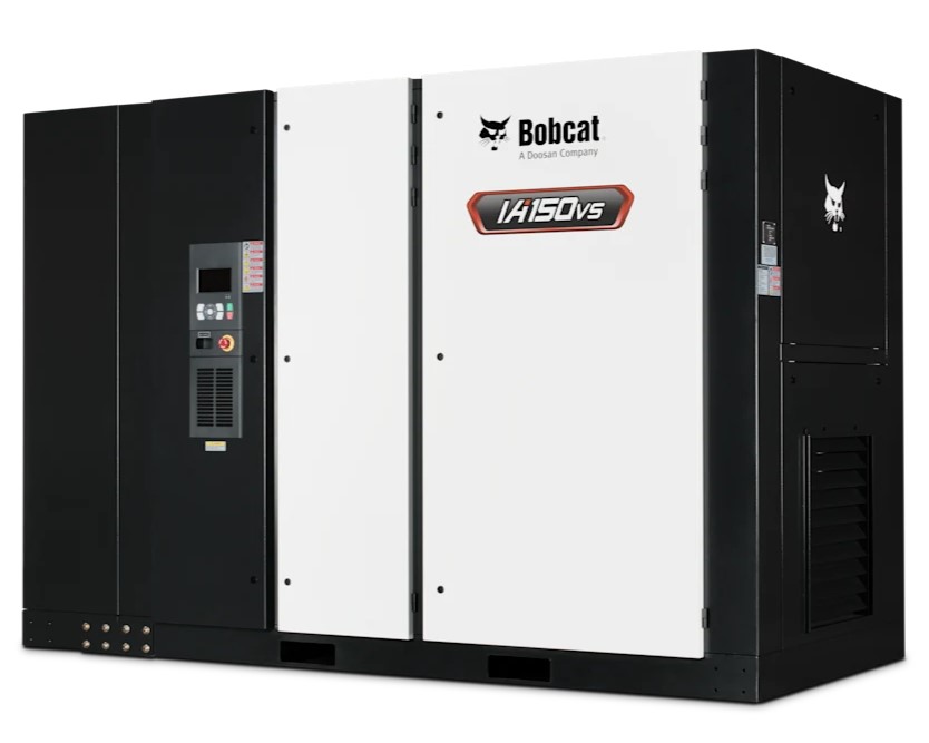 Large industrial Bobcat air compressor model IA150vs with control panel and company logo on the front panels.