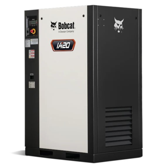 Bobcat IA20 industrial air compressor unit with control panel and ventilation grilles on a white and black cabinet.