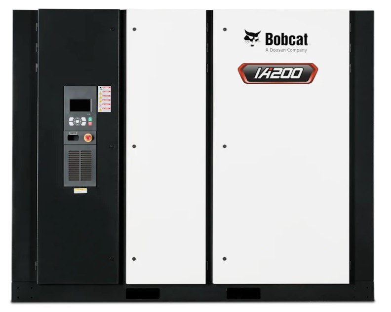 Large industrial Bobcat IA2000 compressor unit with control panel and company logo on the front.