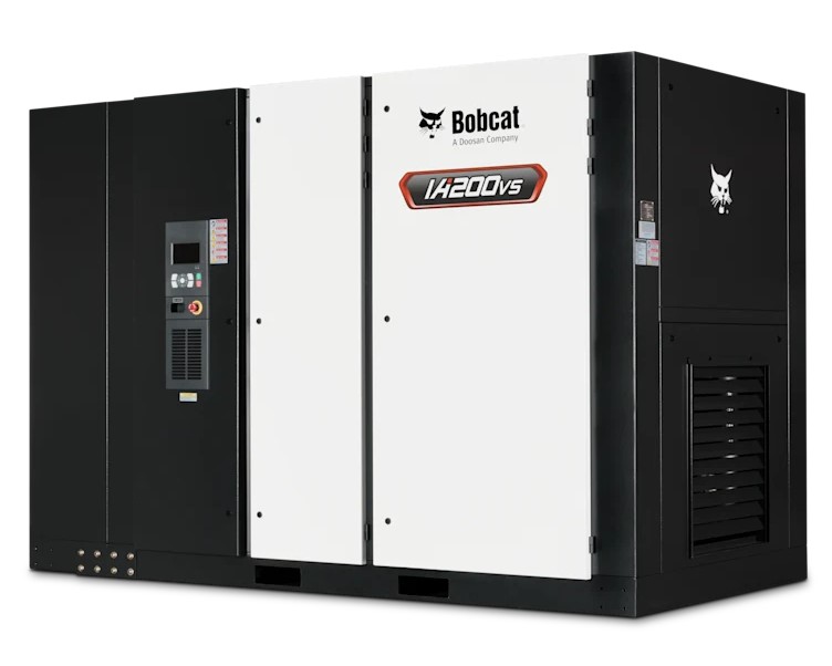 Large black and white industrial air compressor with "Bobcat" branding and model number "14200Vs" on the front panel.