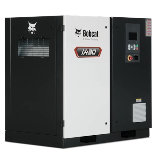 Bobcat IA30 industrial air compressor with control panel, ventilation grilles, and company branding visible on the unit.