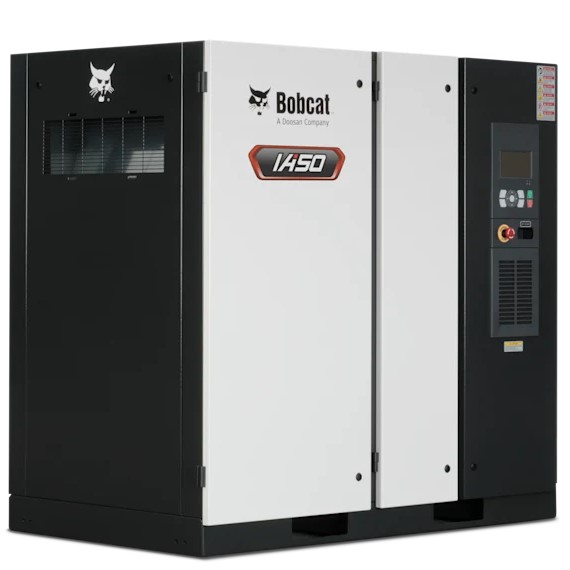 A large industrial Bobcat air compressor model IA50 with a white and black exterior and control panel on the right.