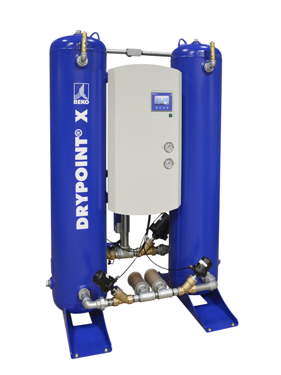 Industrial DRYPOINT X air dryer unit with two blue vertical tanks and central control panel.