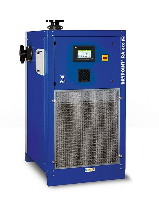 Large blue industrial air dryer unit with a digital display, labeled "DRYPOINT RA eco," standing on a white background.
